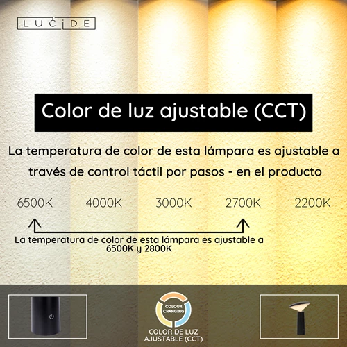 Lucide JIVE - Lámpara de mesa Recargable Dentro/Fuera - Batería/acumulador - Ø 13,7 cm - LED Regul. - CCT - 1x3W 2800K/6500K - IP44 - Negro - USP